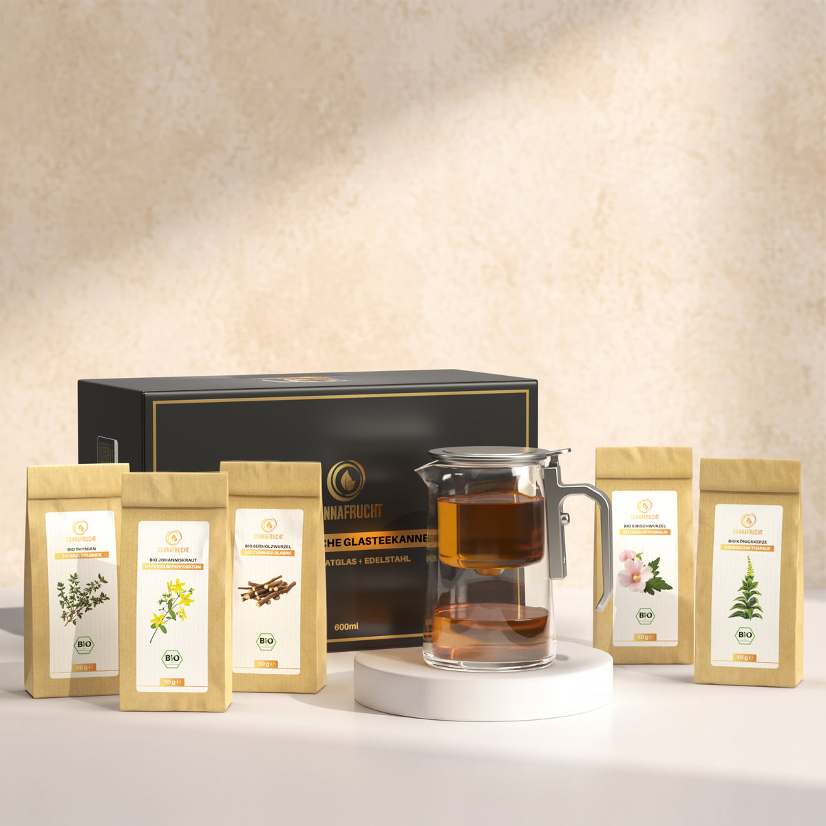 Bio-Kräutertee-Set mit Glasteekanne und fünf Bio-Kräutern aus Spanien in Papierbeuteln