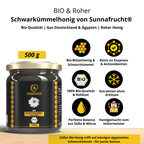 Bio Schwarzkümmel in Blütenonig | 500g - Sunnafrucht® - Bio Schwarzkümmel in Honig