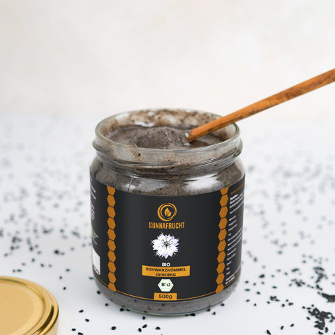 Bio Schwarzkümmel in Blütenonig | 500g - Sunnafrucht® - Bio Schwarzkümmel in Honig