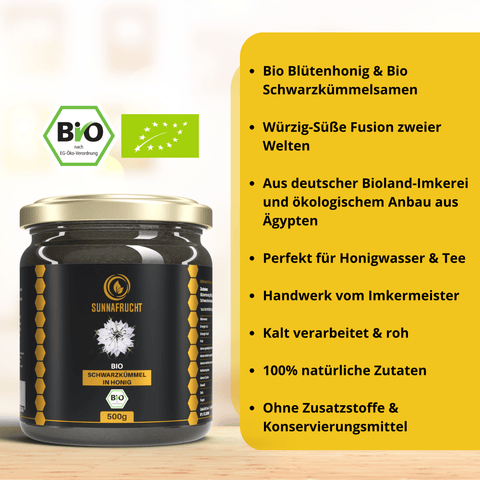 Bio Schwarzkümmel in Blütenonig | 500g - Sunnafrucht® - Bio Schwarzkümmel in Honig