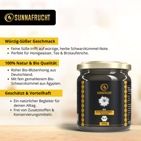 Bio Schwarzkümmel in Blütenonig | 500g - Sunnafrucht® - Bio Schwarzkümmel in Honig