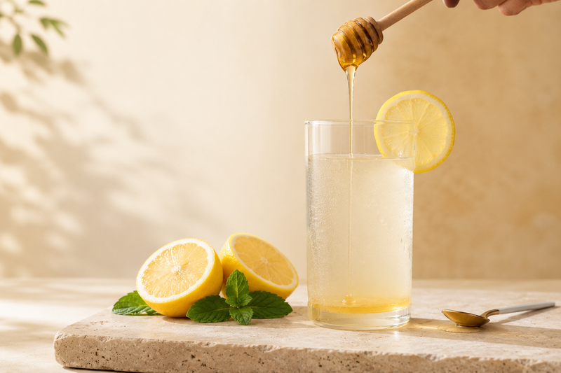 Honig-Zimt-Wasser im Glas mit Zimtstange und mildem Bio-Honig