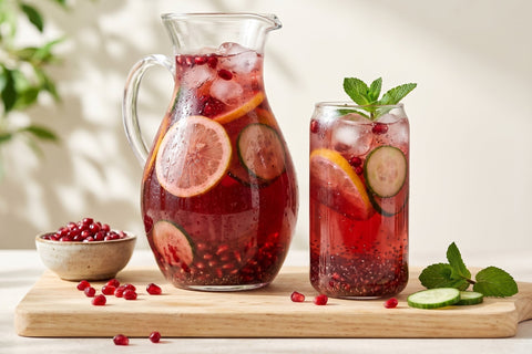 Rotes Eistee-Sommergetränk mit Eiswürfeln im Glas