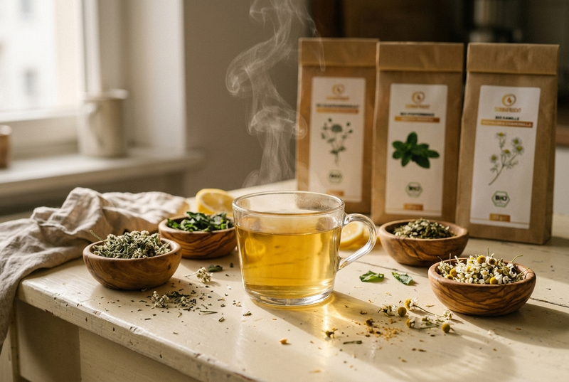 Selbst gemischter Kräutertee aus Schafgarbe, Pfefferminze und Kamille in Tasse und Kanne
