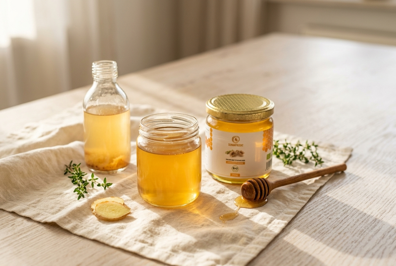 Oxymel Grundrezept: goldener Sauerhonig aus Honig und Apfelessig im Glas