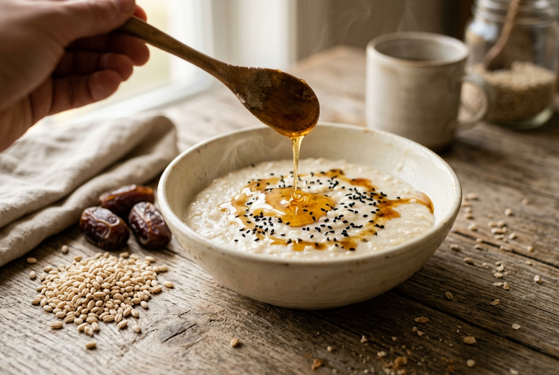 Talbina Rezept: cremiger Gerstenbrei mit Honig und Schwarzkümmel in einer Schale
