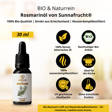 Bio Rosmarinöl von Sunnafrucht® | 30ml | 100% Naturrein | Wasserdampfdestilliert | MIRON Violettglas für optimalen Schutz vor Licht | Ätherisches Rosmarinöl | Ct. Cineol | Bio Rosmarinus Officinalis aus Griechenland