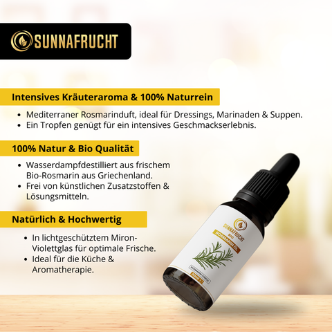 Bio Rosmarinöl von Sunnafrucht® | 30ml | 100% Naturrein | Wasserdampfdestilliert | MIRON Violettglas für optimalen Schutz vor Licht | Ätherisches Rosmarinöl | Ct. Cineol | Bio Rosmarinus Officinalis aus Griechenland