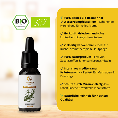 Bio Rosmarinöl von Sunnafrucht® | 30ml | 100% Naturrein | Wasserdampfdestilliert | MIRON Violettglas für optimalen Schutz vor Licht | Ätherisches Rosmarinöl | Ct. Cineol | Bio Rosmarinus Officinalis aus Griechenland