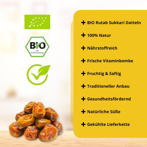 Bio Rutab Sukkari Datteln von Sunnafrucht® | 1kg | Premium Qualität | Super Frisch & Saftig | Angebaut in Al Qassim, Saudi-Arabien | Perfekt für Snacks & Desserts | Super Fresh