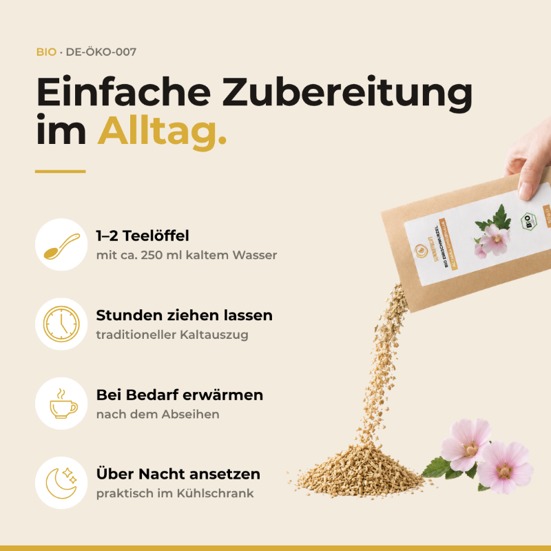 Zubereitung Bio Eibischwurzel: 1–2 Teelöffel in 250 ml kaltem Wasser stundenlang oder über Nacht ansetzen