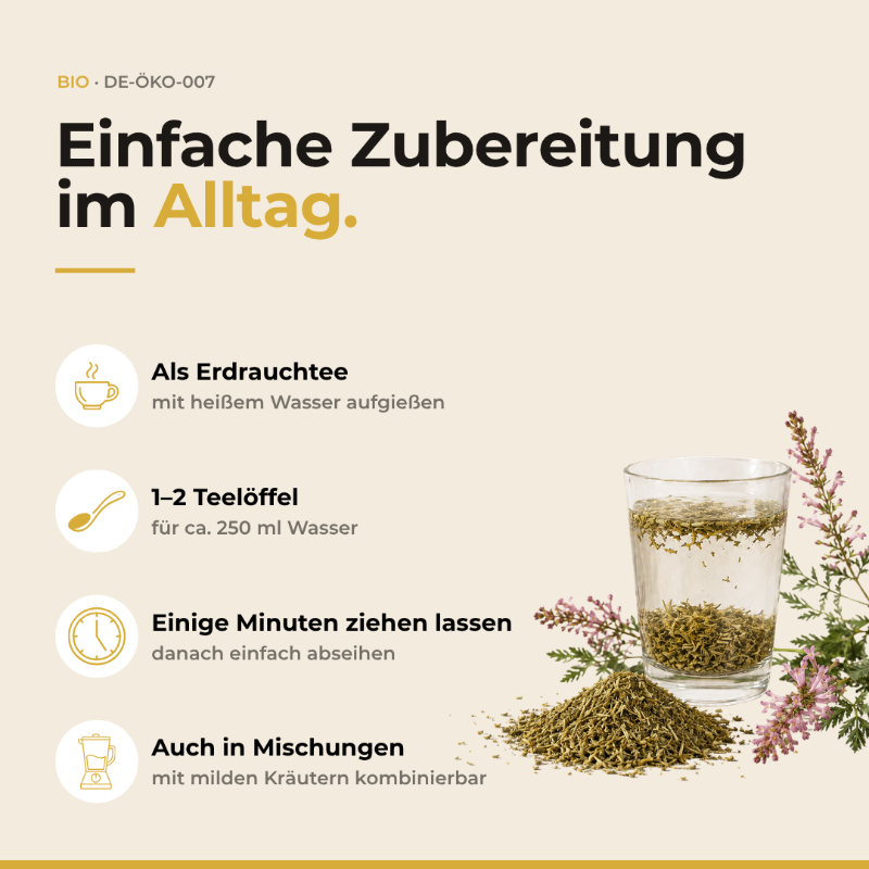 Zubereitung Bio Erdrauchkraut: 1–2 Teelöffel auf 250 ml heißes Wasser, ziehen lassen, auch in Kräutermischungen