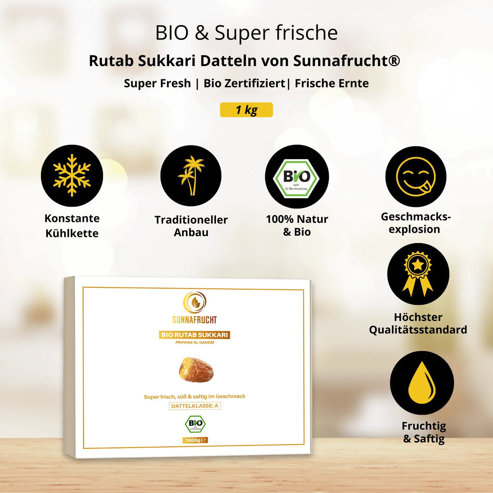Bio Rutab Sukkari Datteln 1kg, frisch, süß, saftig, Premium Qualität, naturbelassen, Box