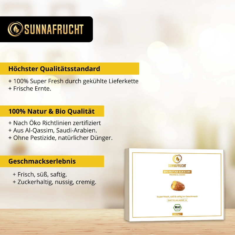 Produktbox Bio Rutab Sukkari Datteln auf Holztisch, Bio-Qualität, naturbelassen, frisch, vegan
