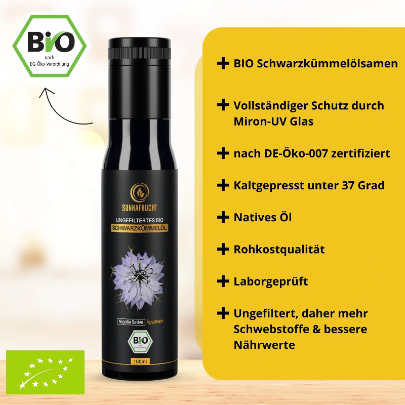 Bio Schwarzkümmelöl 100ml in Miron-UV-Glasflasche, ungefiltert, kaltgepresst, DE-Öko-007 zertifiziert