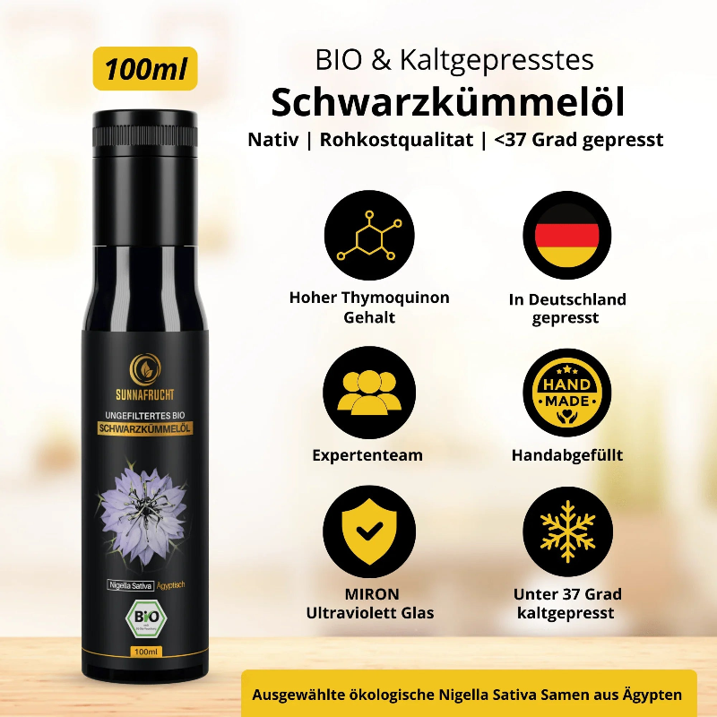 Bio Schwarzkümmelöl 100ml in dunkler Glasflasche, ungefiltert, kaltgepresst, Rohkostqualität, aus Nigella Sativa Samen, handabgefüllt, in Deutschland gepresst.