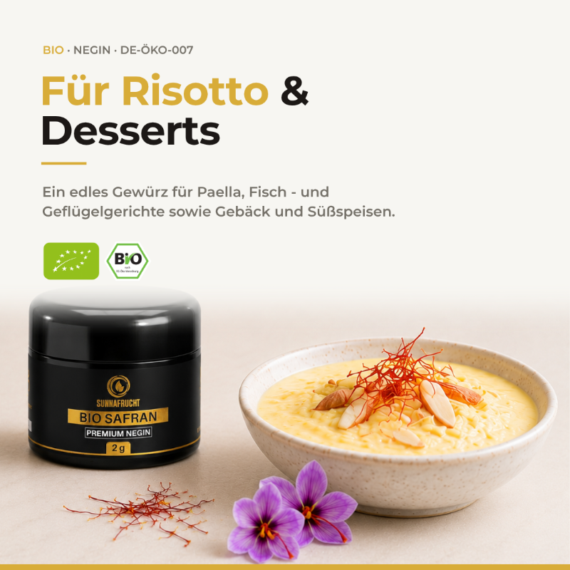 Rezeptgrafik Für Risotto & Desserts mit Safranrezept und Risotto-Bild