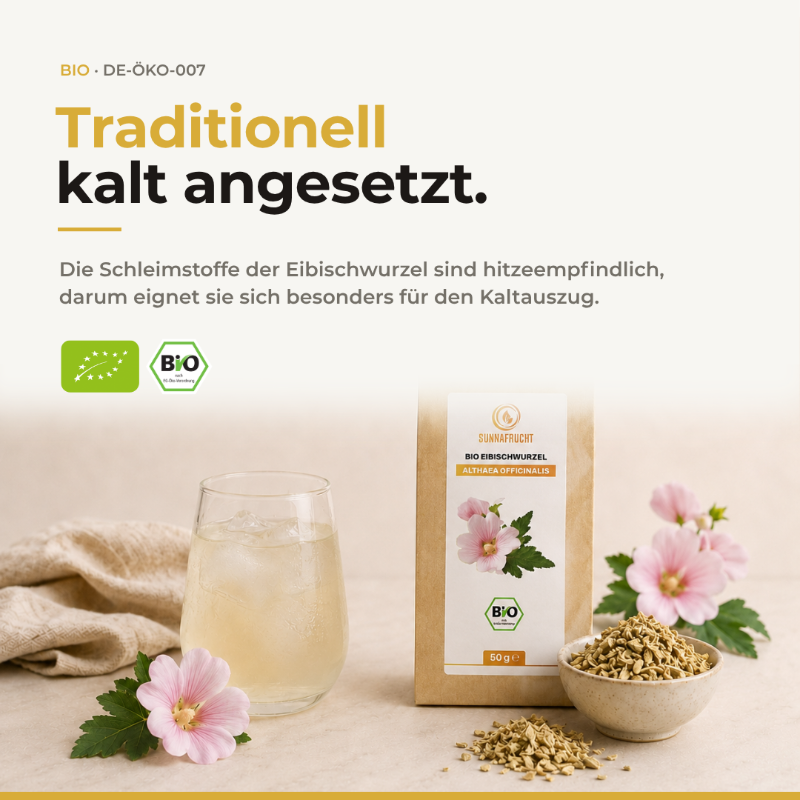 Traditionell kalt angesetzt: Glas Kaltauszug neben Beutel Bio Eibischwurzel, Schälchen mit Wurzel und Blüten