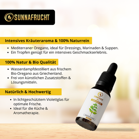 Bio Oreganoöl von Sunnafrucht® | 30ml | 100% Naturrein | Wasserdampfdestilliert | Hochdosiert mit 82%+ Carvacrol | Ätherisches Oreganoöl | Bio Origanum vulgare aus Griechenland | Violettglas für optimale Frische