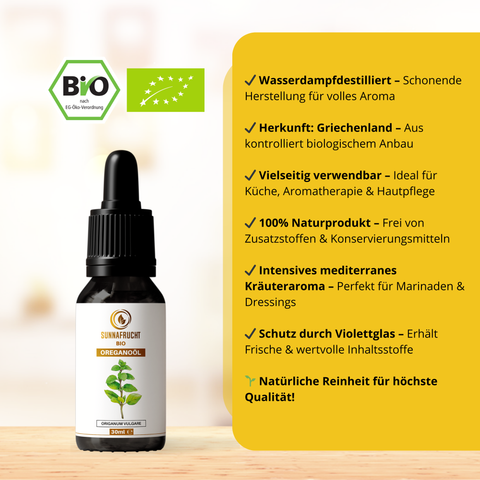 Bio Oreganoöl von Sunnafrucht® | 30ml | 100% Naturrein | Wasserdampfdestilliert | Hochdosiert mit 82%+ Carvacrol | Ätherisches Oreganoöl | Bio Origanum vulgare aus Griechenland | Violettglas für optimale Frische