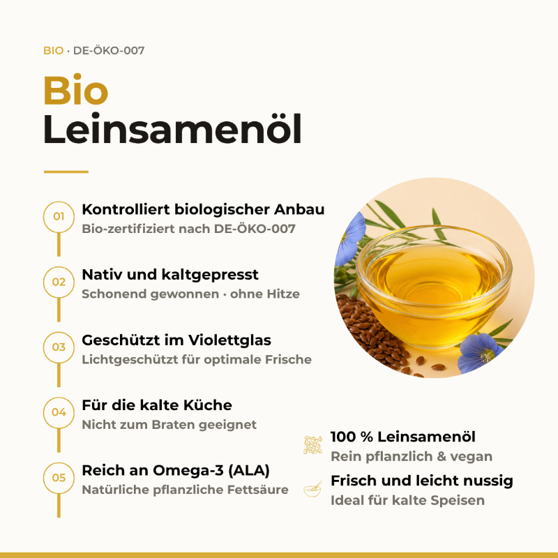 Bio Leinsamenöl Vorteile: Bio-Anbau, nativ kaltgepresst, Violettglas, reich an Omega-3, Schale mit Öl und Leinblüten
