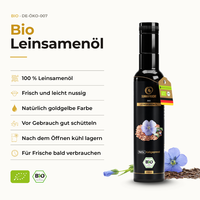 Bio Leinsamenöl Eigenschaften: 100 % Leinsamenöl, frisch und nussig, goldgelb, Flasche mit Leinblüten und Leinsamen