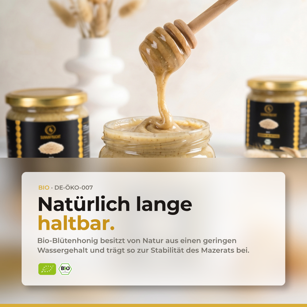 Bio Blütenhonig mit Sesam, nussig-toastige Textur im Detail