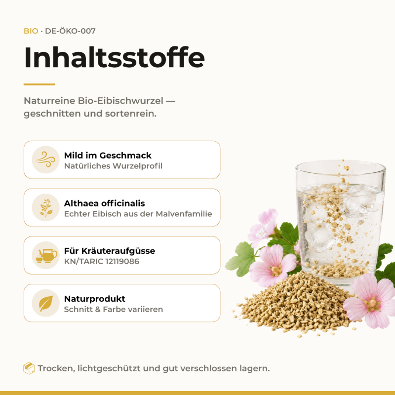 Inhaltsstoffe Bio Eibischwurzel: naturreine Althaea officinalis, geschnitten, sortenrein und mild im Geschmack