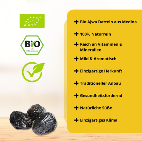 Bio Medina Ajwa Datteln von Sunnafrucht® | 500g | Premium Qualität | Getrocknet, beißfest, süß | Angebaut in Medina, Saudi-Arabien | Perfekt für Snacks & Desserts