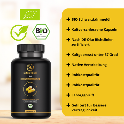 3 Monatskur | Bio Schwarzkümmelöl Kapseln von Sunnafrucht® | 3x 180 Kapseln | Kaltgepresst & Gefiltert | Vegane HPMC Kapseln | Bio Nigella Sativa Samen | Ägyptische Samen | Laborgeprüfte Qualität