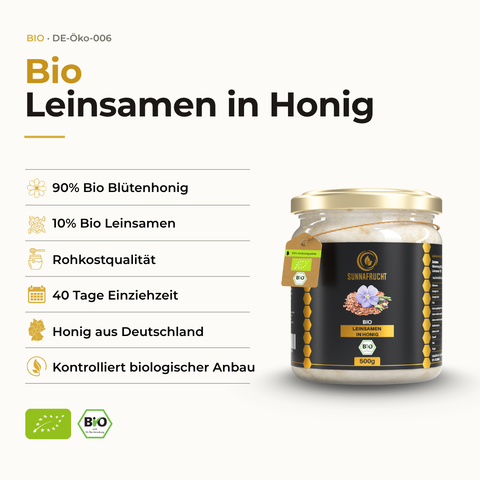 Bio Leinsamen in Honig 500 g von Sunnafrucht mit Produktvorteilen: 90% Bio-Blütenhonig, 10% Bio-Leinsamen, Rohkostqualität und 40 Tage Einziehzeit