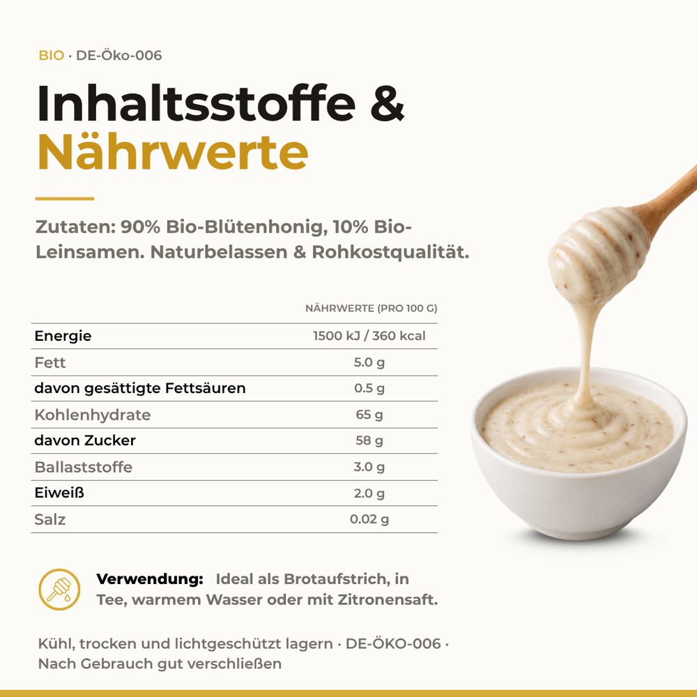 Nährwerttabelle und Zutaten von Bio Leinsamen in Honig – 90% Bio-Blütenhonig und 10% Bio-Leinsamen, naturbelassen in Rohkostqualität, mit Honiglöffel und Schälchen