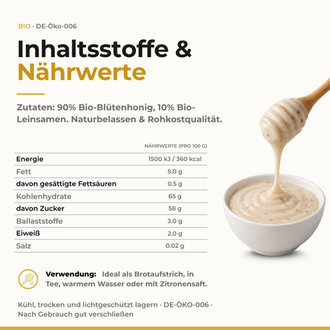 Nährwerttabelle und Zutaten von Bio Leinsamen in Honig – 90% Bio-Blütenhonig und 10% Bio-Leinsamen, naturbelassen in Rohkostqualität, mit Honiglöffel und Schälchen