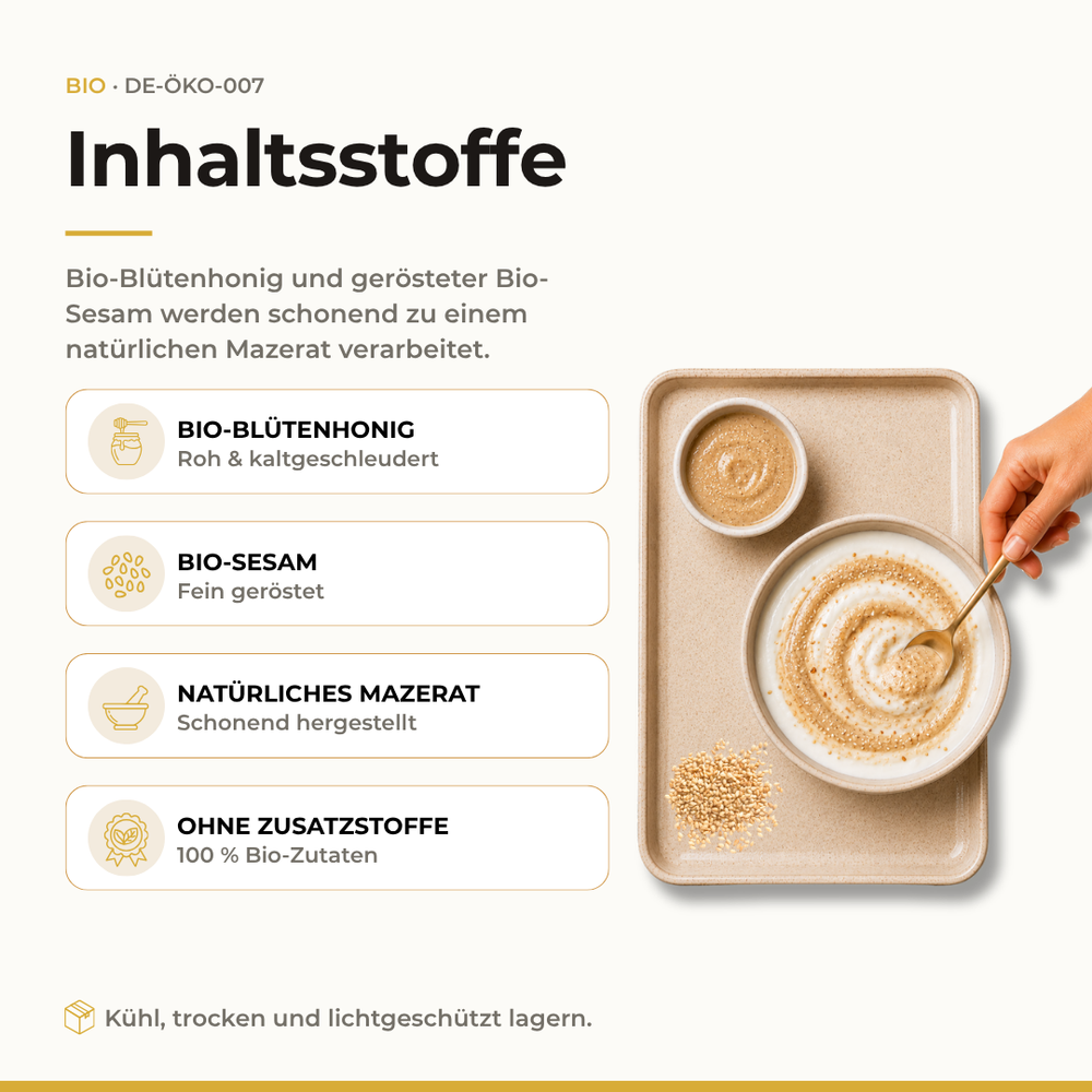Sesamhonig-Mazerat aufs Brot gestrichen, nussig-süß