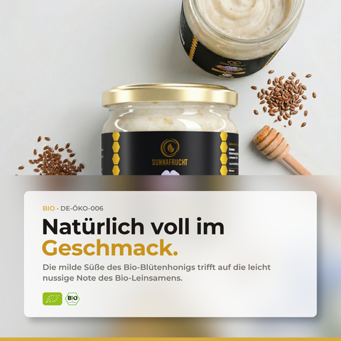 Bio Leinsamen in Honig von Sunnafrucht mit Honiglöffel und Leinsamen – natürlich voller Geschmack aus Bio-Blütenhonig und Leinsamen