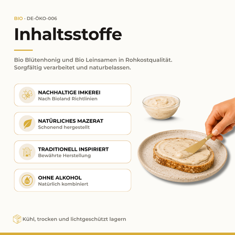 Zutaten von Bio Leinsamen in Honig in Rohkostqualität – nachhaltige Imkerei, natürliches Mazerat, traditionell inspiriert, ohne Alkohol – auf Brot gestrichen
