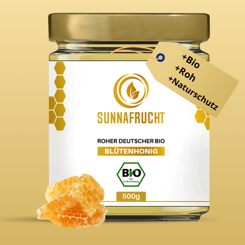 Bio Blütenhonig von Sunnafrucht® | 500g | Roh & Naturbelassen | Unverarbeiteter roher Honig | Mild-Blumige Note | Aus Naturschutzgebieten Deutschlands | Perfekt für Honigwasser & Süßungsmittel | Von erfahrenen Imkermeistern produziert