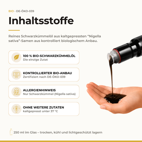 Einnahmeempfehlung: zwei Teelöffel Bio Schwarzkümmelöl täglich, Flasche vor Gebrauch schütteln