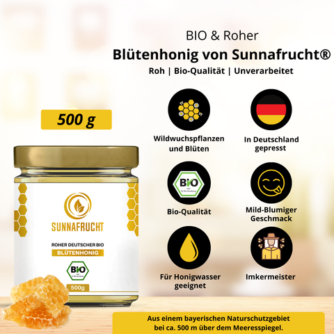 Bio Blütenhonig von Sunnafrucht® | 500g | Roh & Naturbelassen | Unverarbeiteter roher Honig | Mild-Blumige Note | Aus Naturschutzgebieten Deutschlands | Perfekt für Honigwasser & Süßungsmittel | Von erfahrenen Imkermeistern produziert