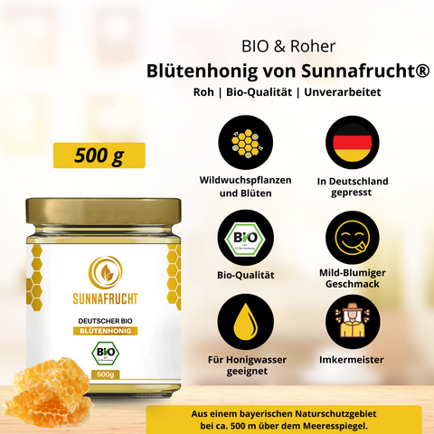 Bio 5er Honig Bundle: 2x Bio Akazienhonig von Sunnafrucht® + 3x Bio Blütenhonig von Sunnafrucht®  | 5x 500g | Roher Honig | Naturschutzgebiet in Bayern | Ideal für Tee & Müsli | Imkermeister-Qualität