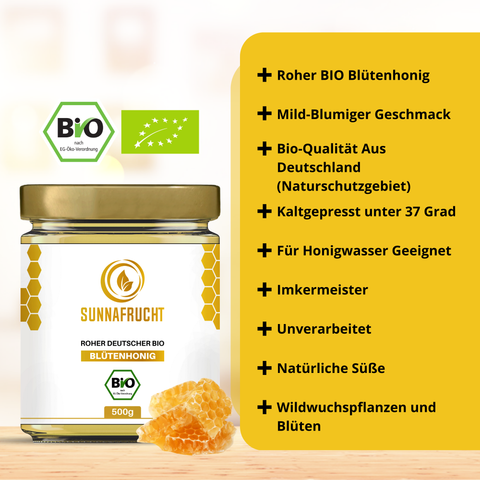 Bio Blütenhonig von Sunnafrucht® | 500g | Roh & Naturbelassen | Unverarbeiteter roher Honig | Mild-Blumige Note | Aus Naturschutzgebieten Deutschlands | Perfekt für Honigwasser & Süßungsmittel | Von erfahrenen Imkermeistern produziert