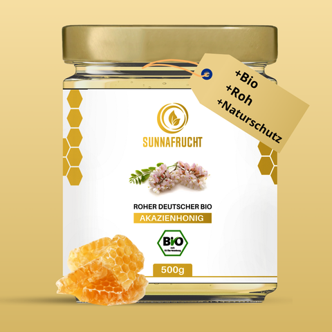 Bio Akazienhonig von Sunnafrucht® | 500g | Roh & Natürlich | Mild-Süßer Geschmack | Roher Honig | Naturschutzgebiet in Bayern | Ideal für Tee & Müsli | Imkermeister-Qualität