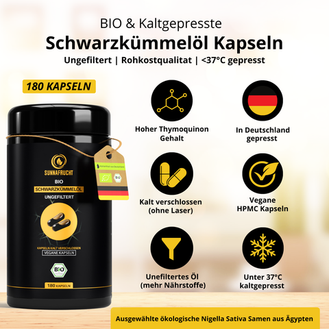 Bio Schwarzkümmelöl Kapseln | Ungefiltert | 180 Kapseln