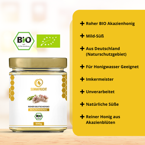 Bio 5er Honig Bundle: 2x Bio Akazienhonig von Sunnafrucht® + 3x Bio Blütenhonig von Sunnafrucht®  | 5x 500g | Roher Honig | Naturschutzgebiet in Bayern | Ideal für Tee & Müsli | Imkermeister-Qualität