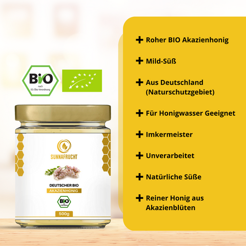 Bio Akazienhonig von Sunnafrucht® | 500g | Roh & Natürlich | Mild-Süßer Geschmack | Roher Honig | Naturschutzgebiet in Bayern | Ideal für Tee & Müsli | Imkermeister-Qualität