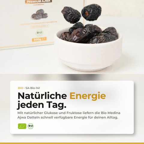 Nahaufnahme der weichen, dunklen Medina Ajwa Datteln mit typischer Textur