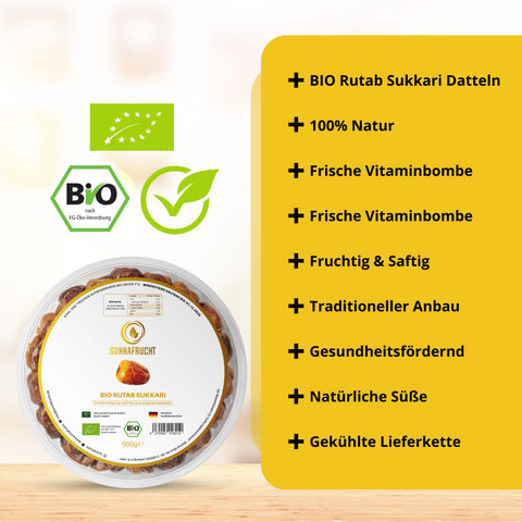 4x Bio Rutab Sukkari Datteln von Sunnafrucht® | 4x 500g = 2kg | Premium Qualität | Extra Frisch & Saftig | Angebaut in Al Qassim, Saudi-Arabien | Perfekt für Snacks & Desserts | Super Fresh