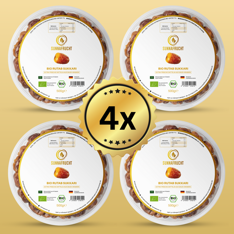 4x Bio Rutab Sukkari Datteln von Sunnafrucht® | 4x 500g = 2kg | Premium Qualität | Extra Frisch & Saftig | Angebaut in Al Qassim, Saudi-Arabien | Perfekt für Snacks & Desserts | Super Fresh