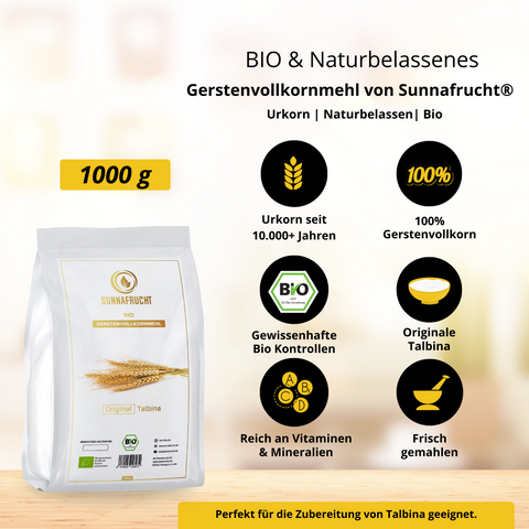 Bio Talbina Set von Sunnafrucht® | Enthält Bio Gerstenvollkornmehl (1kg), Bio Akazienhonig (500g) & Bio Sukkari Rutab Datteln (1kg) | Natürlich & Rein | Ideal für nahrhafte Zubereitungen | Super Frisch & Roher Honig | Aus nachhaltigem Anbau