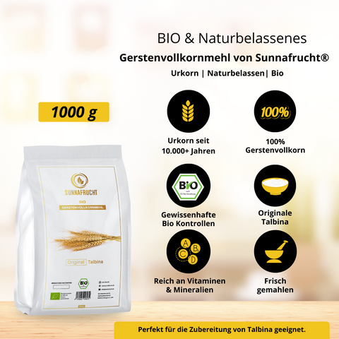 3x Bio Gerstenvollkornmehl von Sunnafrucht | 3kg (3x 1kg) | Bio Talbina Zutat | Aus echtem Urkorn | Naturrein & Vollkorn | Frisch gemahlen & handabgefüllt
